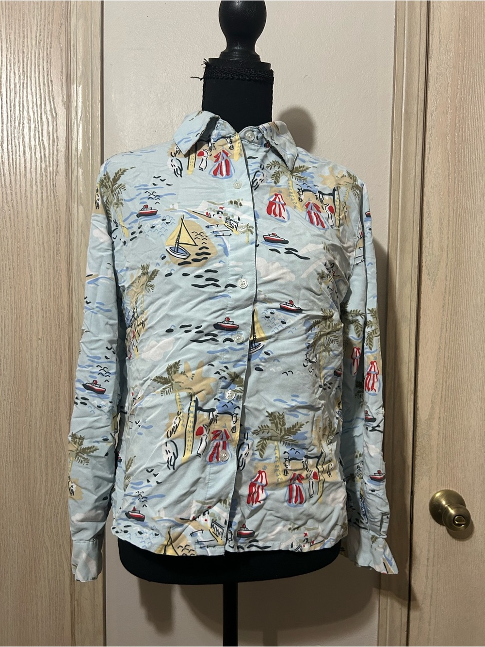 White Stag Light Blue Nautical Print Button-Up Blouse